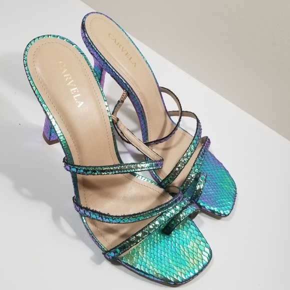 Carvela Metallic Turquoise Snakeskin Leather Strap Stiletto Open Toe Sandal 9.5 - Picture 7 of 8